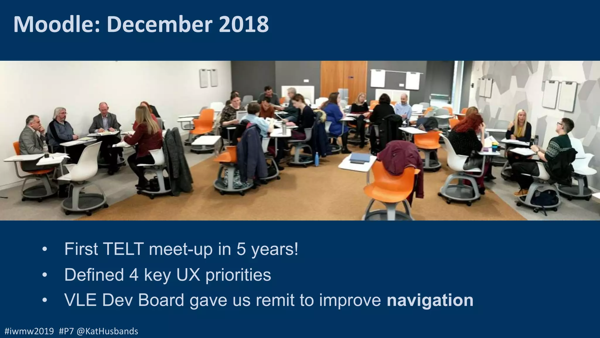 #iwmw2019 #P7 @KatHusbands
• First TELT meet-up in 5 years!
• Defined 4 key UX priorities
• VLE Dev Board gave us remit to improve navigation
Moodle: December 2018
 