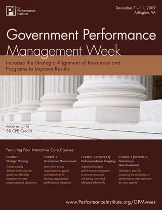 Government Performance December 7 – 11, 2009
                                                                     Management Week
                                                                                                 Arlington, VA




Government Performance
Management Week




Receive up to
30 CPE Credits




Featuring Four Interactive Core Courses:
COURSE 1:                   COURSE 2:                 COURSE 3 (OPTION 1):          COURSE 3 (OPTION 2):
Strategic Planning          Performance Measurement   Performance-Based Budgeting   Performance
                                                                                    Data Assessment
Create clearly              Learn how to use          Implement budget-
deﬁned end outcome          organizational goals      performance integration       Develop a plan for
goals and develop           and objectives to         to ensure resources           assessing the reliability of
strategies to meet          develop appropriate       are being used and            performance data reported
organizational objectives   performance measures      allocated effectively         by your agency




                                            www.PerformanceInstitute.org/GPMweek
                                                                www.PerformanceInstitute.org/GPMweek
 