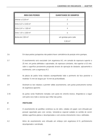 CADERNO DE ENCARGOS - AGETOP
207
ÁREA DAS PEDRAS QUANTIDADE DE GRAMPOS
Inferior a 0,20 m² 2
Entre 0,21 e 0,40 m² 3
Entre 0,41 e 1,00 m² 4
Entre 1,01 e 2,00 m² 6
Acima de 2,00 m² um grampo para cada
0,30 m²
3.6 Em duas pedras justapostas não poderá haver coincidência de posição entre grampos.
3.7 O assentamento será executado com argamassa A-2, em camada de espessura superior a
25 mm, em juntas alinhadas e aprumadas, de espessura constante, não superior a 0,5 mm,
sobre a superfície previamente preparada através de operação de desbaste, apicoamento e
enchimento, com a argamassa A-2.
3.8 As placas de pedra terão rebaixos acompanhando todo o perímetro da face posterior e
medindo 15 mm de largura por 10 mm de profundidade.
3.9 Destinam-se tais rebaixos a permitir sólido assentamento, com juntas praticamente isentas
de argamassa aparente.
3.10 As juntas serão finalmente tomadas com pasta de cimento branco, limpando-se a seguir
com pano seco todo o excesso que refluir das juntas.
4 PASTILHAS
4.1 O assentamento de pastilhas cerâmicas ou de vidro, coladas em papel, será efetuado por
pessoal capacitado para este serviço, tomando-se especial cuidado no sentido de serem
obtidas superfícies planas e desempenadas e com arestas inteiramente retas e alinhadas.
4.2 Antes do assentamento será efetuado um emboço com argamassa A-14, perfeitamente
desempenado e sarrafeado.
 