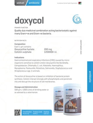 A Jordanian Animal Health Organization
doxycol
Quality duo medicinal combination acting bacteriostatic against
many Gram+ve and Gram-ve bacteria.
Composition
Each 1 gm contains:
Doxycycline hyclate		 200 mg
Colistin sulphate		 1200000 I.U.
Indications
Gastrointestinal and respiratory infections (CRD) caused by micro-
organisms sensitive to colistin and/or doxycycline like Bordetella,
Campylobacter, Chlamydia, E. coli, Klebsiella, Haemophilus,
Mycoplasma, Pasteurella, Rickettsia, Salmonella, Staphylococcus and
Streptococcus spp. in animals.
The action of doxycycline is based on inhibition of bacterial protein
synthesis. Colistin interact strongly with phospholipids and penetrate
into and disrupt the structure of cell membranes.
Dosage and Administration
500 gm / 1000 Litres of drinking water or
as advised by a veterinarian.
PRIMARY FUNCTION
NUTRITION FACTS
Classification
Medicinal
Product Code
AVM15
Packing
500 Gm
antibiotic
antibioticaddvet
watersolublepowder
 