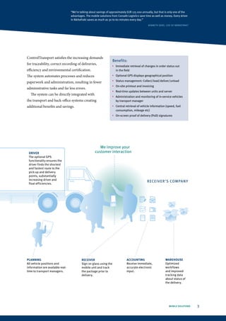 “We’re talking about savings of approximately EUR 125 000 annually, but that is only one of the
                                  advantages. The mobile solutions from Consafe Logistics save time as well as money. Every driver
                                  in Närkefrakt saves as much as 30 to 60 minutes every day.”
                                                                                                   KENNETH SERS, CEO Of NäRKEfRAKT




ControlTransport satisfies the increasing demands
                                                                    Benefits:
for traceability, correct recording of deliveries,                  n	
                                                                         Immediate retrieval of changes in order status out
efficiency and environmental certification.                              in the field
The system automates processes and reduces                          n	
                                                                         Optional GPS displays geographical position

paperwork and administration, resulting in fewer
                                                                    n	
                                                                         Status management: Collect/load/deliver/unload
                                                                    n	
                                                                         On-site printout and invoicing
administrative tasks and far less errors.
                                                                    n	
                                                                         Real-time updates between units and server
  The system can be directly integrated with                        n	
                                                                         Administration and monitoring of in-service vehicles
the transport and back-office systems creating                           by transport manager
additional benefits and savings.                                    n	
                                                                         Central retrieval of vehicle information (speed, fuel
                                                                         consumption, mileage etc)
                                                                    n	
                                                                         On-screen proof of delivery (PoD) signatures




                                                        We improve your
 DRIVER                                              customer interaction
 The optional GPS
 functionality ensures the
 driver finds the shortest
 and fastest route to the
 pick-up and delivery
 points, substantially
 increasing driver and
                                                                                                  RECEIVER’S COMPAN Y
 float efficiencies.




PLANNING                                  RECEIVER                               ACCOUNTING                      WAREHOUSE
All vehicle positions and                 Sign on glass using the                Receive immediate,              Optimized
information are available real-           mobile unit and track                  accurate electronic             workflows
time to transport managers.               the package prior to                   input.                          and improved
                                          delivery.                                                              tracking data
                                                                                                                 about status of
                                                                                                                 the delivery.




                                                                                                                    MOBILE SOLUTIONS   3
 