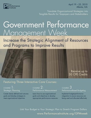 Government Performance Management Week 2010
                                                                  April 19 – 23,
                                                                                            Atlanta, GA

                                                    Translate Organizational Strategies into
                                            Tangible Results for Taxpayers and Stakeholders




Government Performance
Management Week



                                                                                 Receive up to
                                                                                30 CPE Credits

Featuring Three Interactive Core Courses:

COURSE   1:                         COURSE   2:                        COURSE     3
Strategic Planning                  Performance Measurement            Performance-Based Budgeting
Create clearly deﬁned end outcome   Learn how to use organizational    Implement budget-performance
goals and develop strategies to     goals and objectives to develop    integration to ensure resources are
meet organizational objectives      appropriate performance measures   being used and allocated effectively




                     Link Your Budget to Your Strategic Plan to Stretch Program Dollars
                                         www.PerformanceInstitute.org/GPMweek
                                                             www.PerformanceInstitute.org/GPMweek
 