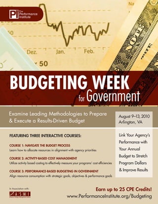 BUDGETING WEEK
                                                         for   Government
Examine Leading Methodologies to Prepare                                                August 9–13, 2010
& Execute a Results-Driven Budget                                                       Arlington, VA


FEATURING THREE INTERACTIVE COURSES:                                                    Link Your Agency’s
                                                                                        Performance with
COURSE 1: NAVIGATE THE BUDGET PROCESS
Learn how to allocate resources in alignment with agency priorities                     Your Annual
                                                                                        Budget to Stretch
COURSE 2: ACTIVITY-BASED COST MANAGEMENT
Utilize activity based costing to effectively measure your programs’ cost efﬁciencies   Program Dollars
COURSE 3: PERFORMANCE-BASED BUDGETING IN GOVERNMENT                                     & Improve Results
Align resource consumption with strategic goals, objectives & performance goals



In Association with:
                                                          Earn up to 25 CPE Credits!
                                               www.PerformanceInstitute.org/Budgeting
 