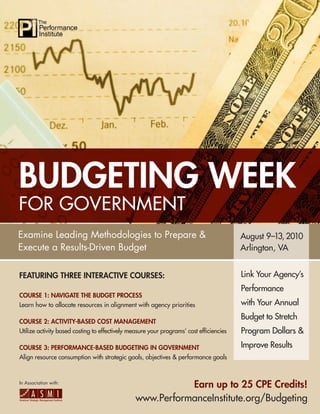 BUDGETING WEEK
FOR GOVERNMENT
Examine Leading Methodologies to Prepare &                                              August 9–13, 2010
Execute a Results-Driven Budget                                                         Arlington, VA


FEATURING THREE INTERACTIVE COURSES:                                                    Link Your Agency’s
                                                                                        Performance
COURSE 1: NAVIGATE THE BUDGET PROCESS
Learn how to allocate resources in alignment with agency priorities                     with Your Annual
                                                                                        Budget to Stretch
COURSE 2: ACTIVITY-BASED COST MANAGEMENT
Utilize activity based costing to effectively measure your programs’ cost efﬁciencies   Program Dollars &
COURSE 3: PERFORMANCE-BASED BUDGETING IN GOVERNMENT                                     Improve Results
Align resource consumption with strategic goals, objectives & performance goals



In Association with:
                                                          Earn up to 25 CPE Credits!
                                               www.PerformanceInstitute.org/Budgeting
 