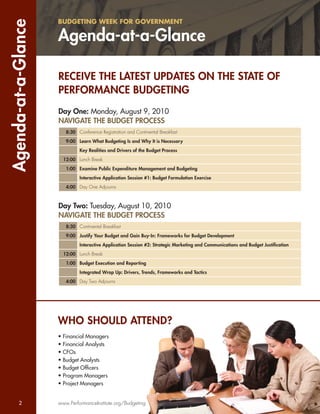 Agenda-at-a-Glance   BUDGETING WEEK FOR GOVERNMENT

                     Agenda-at-a-Glance

                     RECEIVE THE LATEST UPDATES ON THE STATE OF
                     PERFORMANCE BUDGETING
                     Day One: Monday, August 9, 2010
                     NAVIGATE THE BUDGET PROCESS
                        8:30 Conference Registration and Continental Breakfast
                        9:00 Learn What Budgeting Is and Why It is Necessary
                              Key Realities and Drivers of the Budget Process
                       12:00 Lunch Break
                        1:00 Examine Public Expenditure Management and Budgeting
                              Interactive Application Session #1: Budget Formulation Exercise
                        4:00 Day One Adjourns



                     Day Two: Tuesday, August 10, 2010
                     NAVIGATE THE BUDGET PROCESS
                        8:30 Continental Breakfast
                        9:00 Justify Your Budget and Gain Buy-In: Frameworks for Budget Development
                              Interactive Application Session #2: Strategic Marketing and Communications and Budget Justiﬁcation
                       12:00 Lunch Break
                        1:00 Budget Execution and Reporting
                              Integrated Wrap Up: Drivers, Trends, Frameworks and Tactics
                        4:00 Day Two Adjourns




                     WHO SHOULD ATTEND?
                     • Financial Managers
                     • Financial Analysts
                     • CFOs
                     • Budget Analysts
                     • Budget Ofﬁcers
                     • Program Managers
                     • Project Managers


       2             www.PerformanceInstitute.org/Budgeting
 