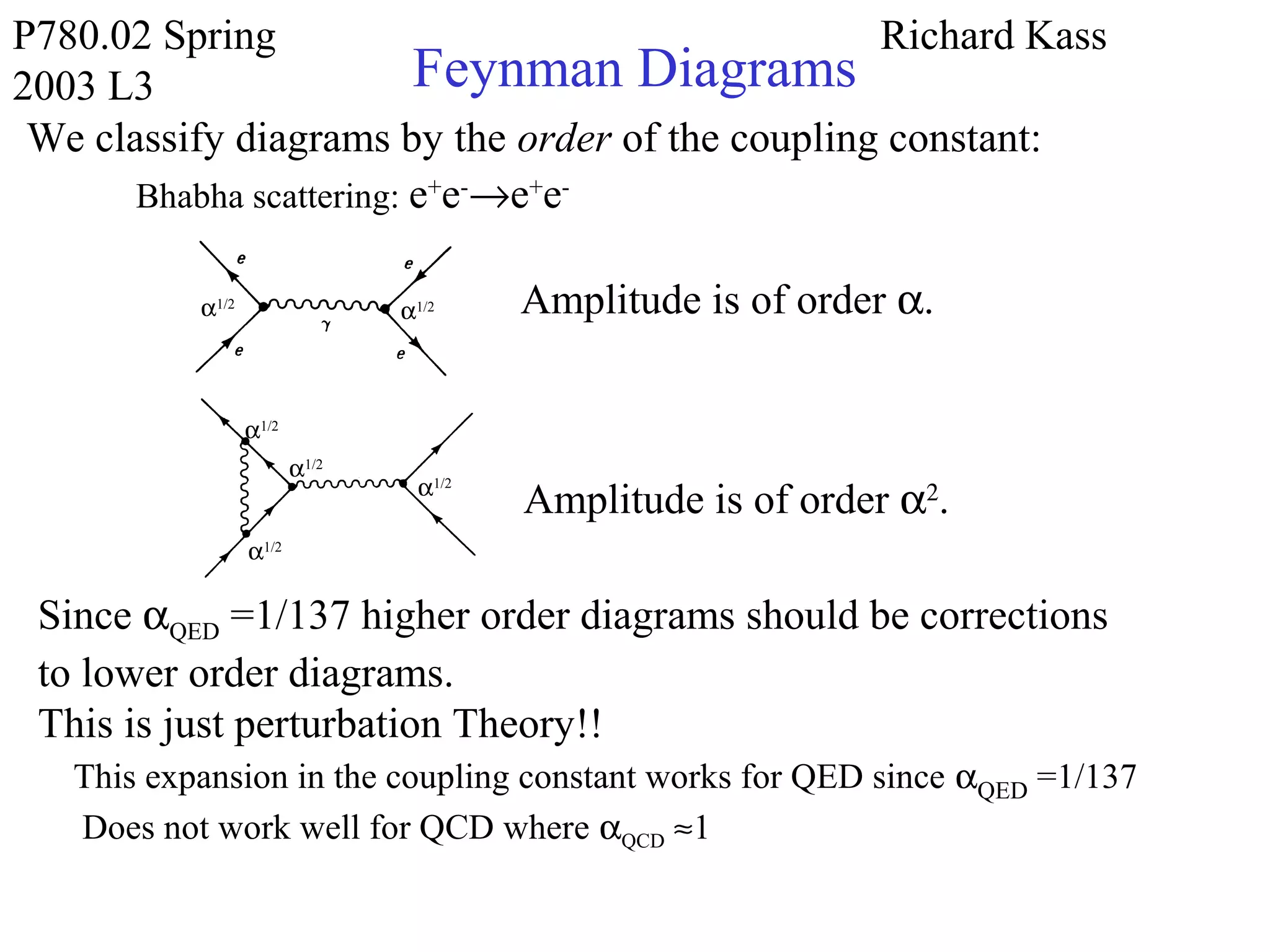 P780.02 Spring
2003 L3
Richard Kass
Feynman Diagrams
We classify diagrams by the order of the coupling constant:
Bhabha scattering: e+
e-
→e+
e-
Amplitude is of order α.
Amplitude is of order α2
.
Since αQED =1/137 higher order diagrams should be corrections
to lower order diagrams.
This is just perturbation Theory!!
This expansion in the coupling constant works for QED since αQED =1/137
Does not work well for QCD where αQCD ≈1
α1/2
α1/2
α1/2
α1/2
α1/2
α1/2
 