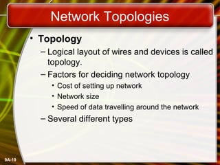 9A-19
Network Topologies
• Topology
– Logical layout of wires and devices is called
topology.
– Factors for deciding network topology
• Cost of setting up network
• Network size
• Speed of data travelling around the network
– Several different types
 
