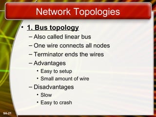 9A-21
Network Topologies
• 1. Bus topology
– Also called linear bus
– One wire connects all nodes
– Terminator ends the wires
– Advantages
• Easy to setup
• Small amount of wire
– Disadvantages
• Slow
• Easy to crash
 