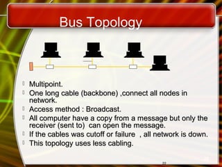 Bus Topology
2222
 Multipoint.Multipoint.
 One long cable (backbone) ,connect all nodes inOne long cable (backbone) ,connect all nodes in
network.network.
 Access method : Broadcast.Access method : Broadcast.
 All computer have a copy from a message but only theAll computer have a copy from a message but only the
receiver (sent to) can open the message.receiver (sent to) can open the message.
 If the cables was cutoff or failure , all network is down.If the cables was cutoff or failure , all network is down.
 This topology uses less cabling.This topology uses less cabling.
22
 