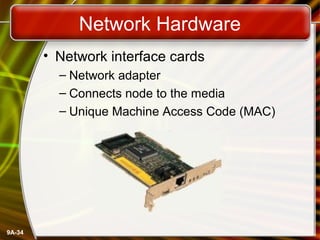 9A-34
Network Hardware
• Network interface cards
– Network adapter
– Connects node to the media
– Unique Machine Access Code (MAC)
 