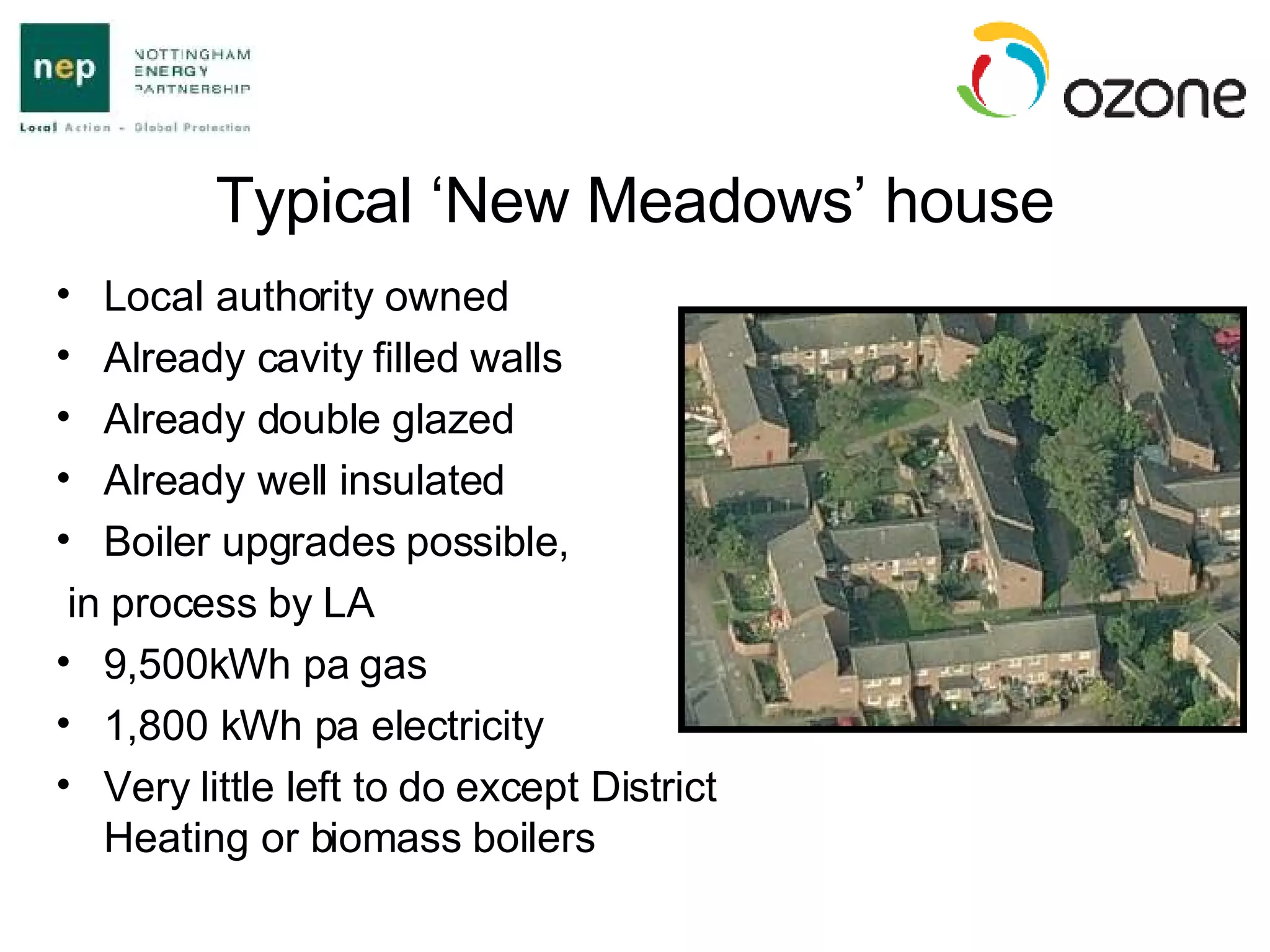 Typical ‘New Meadows’ house Local authority owned Already cavity filled walls Already double glazed Already well insulated Boiler upgrades possible, in process by LA 9,500kWh pa gas 1,800 kWh pa electricity Very little left to do except District Heating or biomass boilers 
