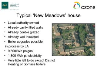 Typical ‘New Meadows’ house Local authority owned Already cavity filled walls Already double glazed Already well insulated Boiler upgrades possible, in process by LA 9,500kWh pa gas 1,800 kWh pa electricity Very little left to do except District Heating or biomass boilers 