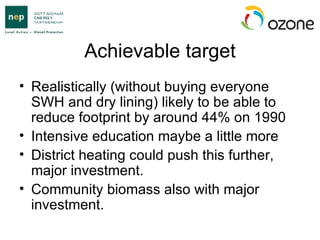 Achievable target Realistically (without buying everyone SWH and dry lining) likely to be able to reduce footprint by around 44% on 1990 Intensive education maybe a little more District heating could push this further, major investment. Community biomass also with major investment. 