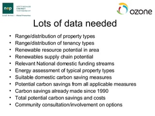 Lots of data needed Range/distribution of property types Range/distribution of tenancy types Renewable resource potential in area Renewables supply chain potential Relevant National domestic funding streams Energy assessment of typical property types Suitable domestic carbon saving measures Potential carbon savings from all applicable measures Carbon savings already made since 1990 Total potential carbon savings and costs Community consultation/involvement on options 