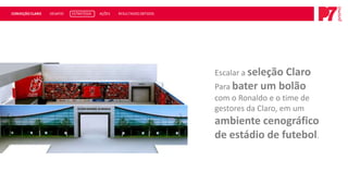 CONVEÇÃO CLARO   DESAFIO   ESTRATÉGIA   AÇÕES   RESULTADOS OBTIDOS




                                                                     Escalar a seleção Claro
                                                                     Para bater um bolão
                                                                     com o Ronaldo e o time de
                                                                     gestores da Claro, em um
                                                                     ambiente cenográfico
                                                                     de estádio de futebol.
 