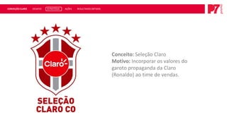 CONVEÇÃO CLARO   DESAFIO   ESTRATÉGIA   AÇÕES   RESULTADOS OBTIDOS




                                                                     Conceito: Seleção Claro
                                                                     Motivo: Incorporar os valores do
                                                                     garoto propaganda da Claro
                                                                     (Ronaldo) ao time de vendas.
 