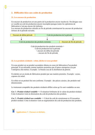 2. Difficultés liées aux coûts de production

21. Les encours de production

Un encours de production est une partie de la production encore inachevée. On désigne sous
ce vocable un coût de production encore incomplet puisque toutes les opérations de
fabrication n’ont pas encore été réalisées.
Les encours de production calculés en fin de période constitueront les encours de production
initiaux de la période suivante.

  Encours de début période                    Coût de production de la période


          Coût de production des produits terminés                Encours de fin de période

                         Coût de production des produits terminés =
                              Coût de production de la période
                               + encours de début de période
                                – encours de fin de période



22. Les produits résiduels : rebut, déchet et sous-produit

Un sous produit est un produit secondaire obtenu en cours de fabrication d’un produit
principal. Il est utilisable comme matières premières par d’autres entreprises (ou par
l’entreprise elle-même). Exemple : le bitume issu de la distillation du pétrole.

Un déchet est un résidu de fabrication produit par une matière première. Exemple : sciure,
copeaux de métal.

Un rebut est un produit fini non conforme. Exemple : des pièces cassées, des produits mal
dimensionnés.

Le traitement comptable des produits résiduels diffère selon qu’ils sont vendables ou non.

Cas 1 : Produit résiduel vendable => Evaluation forfaitaire de la valeur du produit résiduel.
Cette évaluation vient en diminution du coût de production des produits.

Cas 2 : Produit résiduel non vendable => Calcul du coût de retraitement et d’évacuation
produit résiduel. Cette évaluation vient en augmentation du coût de production des produits.




      Applications 3 : Encours et déchets.
 