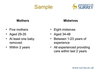 Sample
Mothers
• Five mothers
• Aged 29-35
• At least one baby
removed
• Within 2 years
Midwives
• Eight midwives
• Aged 34-48
• Between 1-23 years of
experience
• All experienced providing
care within last 2 years
 