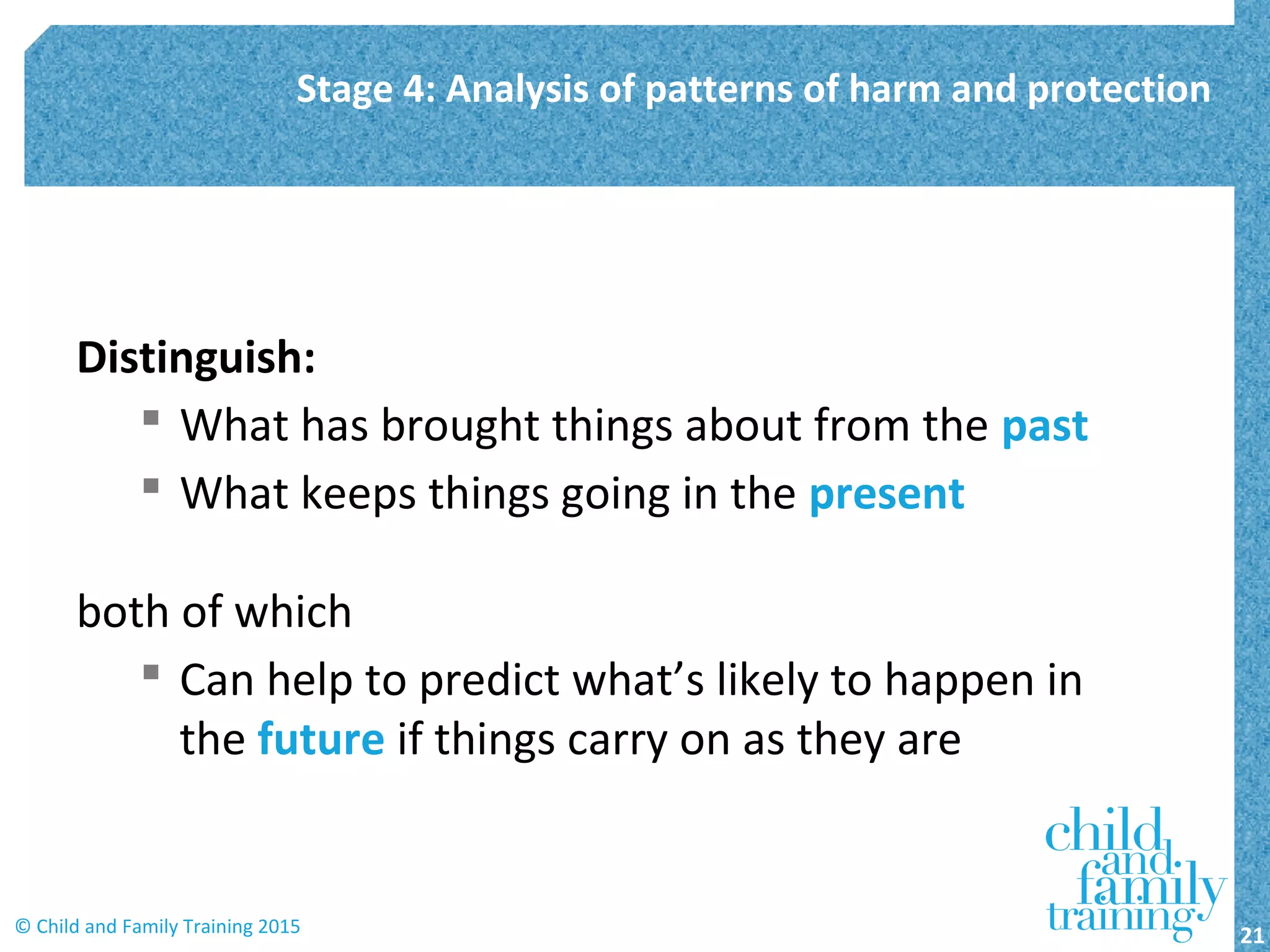 Distinguish:
 What has brought things about from the past
 What keeps things going in the present
both of which
 Can help to predict what’s likely to happen in
the future if things carry on as they are
Stage 4: Analysis of patterns of harm and protection
21© Child and Family Training 2015
 