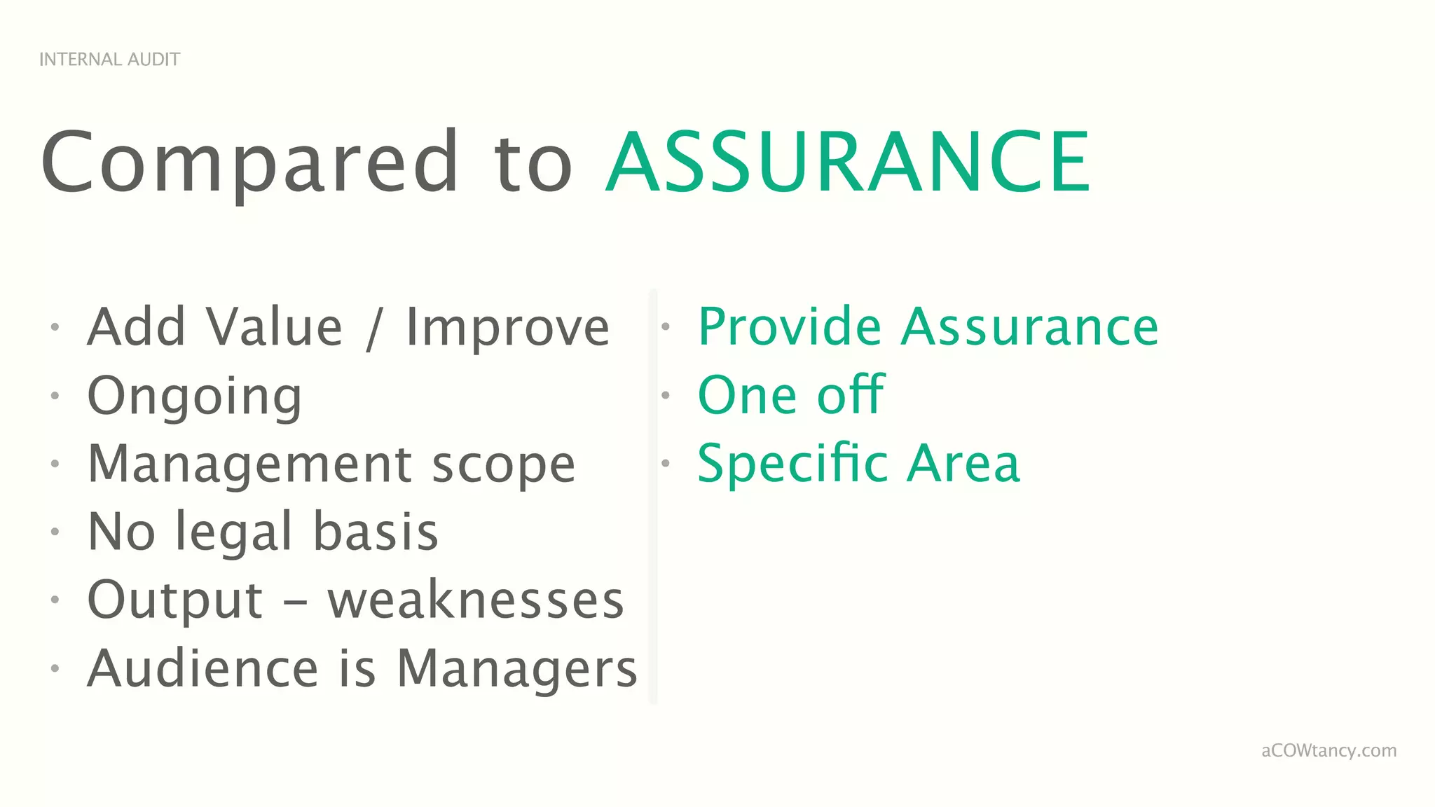 INTERNAL AUDIT




Compared to ASSURANCE
•
    Add Value / Improve    •
                               Provide Assurance
•
    Ongoing                •
                               One off
•
    Management scope       •
                               Speciﬁc Area
•
    No legal basis
•
    Output - weaknesses
•
    Audience is Managers
                                                   aCOWtancy.com
 