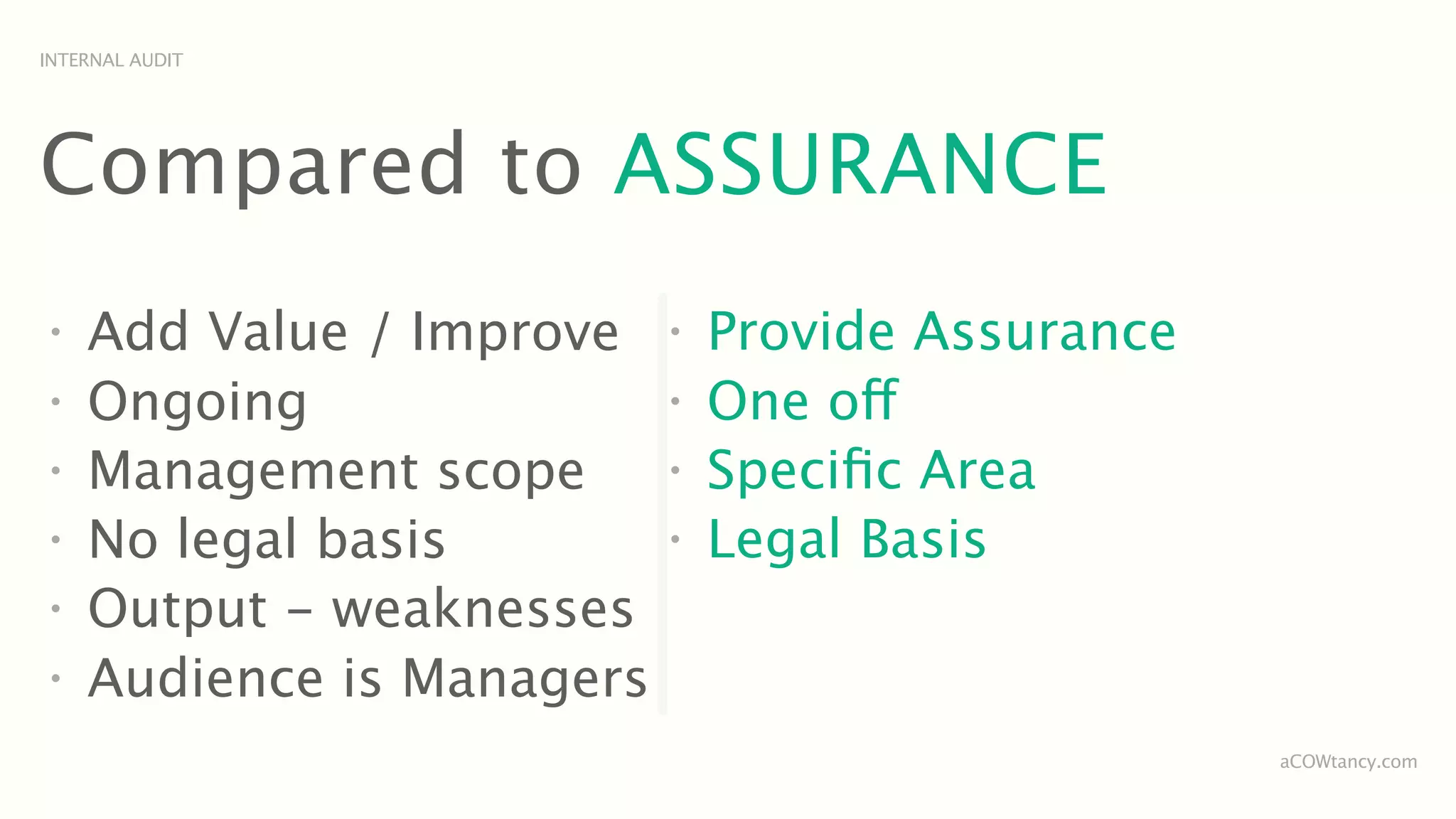 INTERNAL AUDIT




Compared to ASSURANCE
•
    Add Value / Improve    •
                               Provide Assurance
•
    Ongoing                •
                               One off
•
    Management scope       •
                               Speciﬁc Area
•
    No legal basis         •
                               Legal Basis
•
    Output - weaknesses
•
    Audience is Managers
                                                   aCOWtancy.com
 