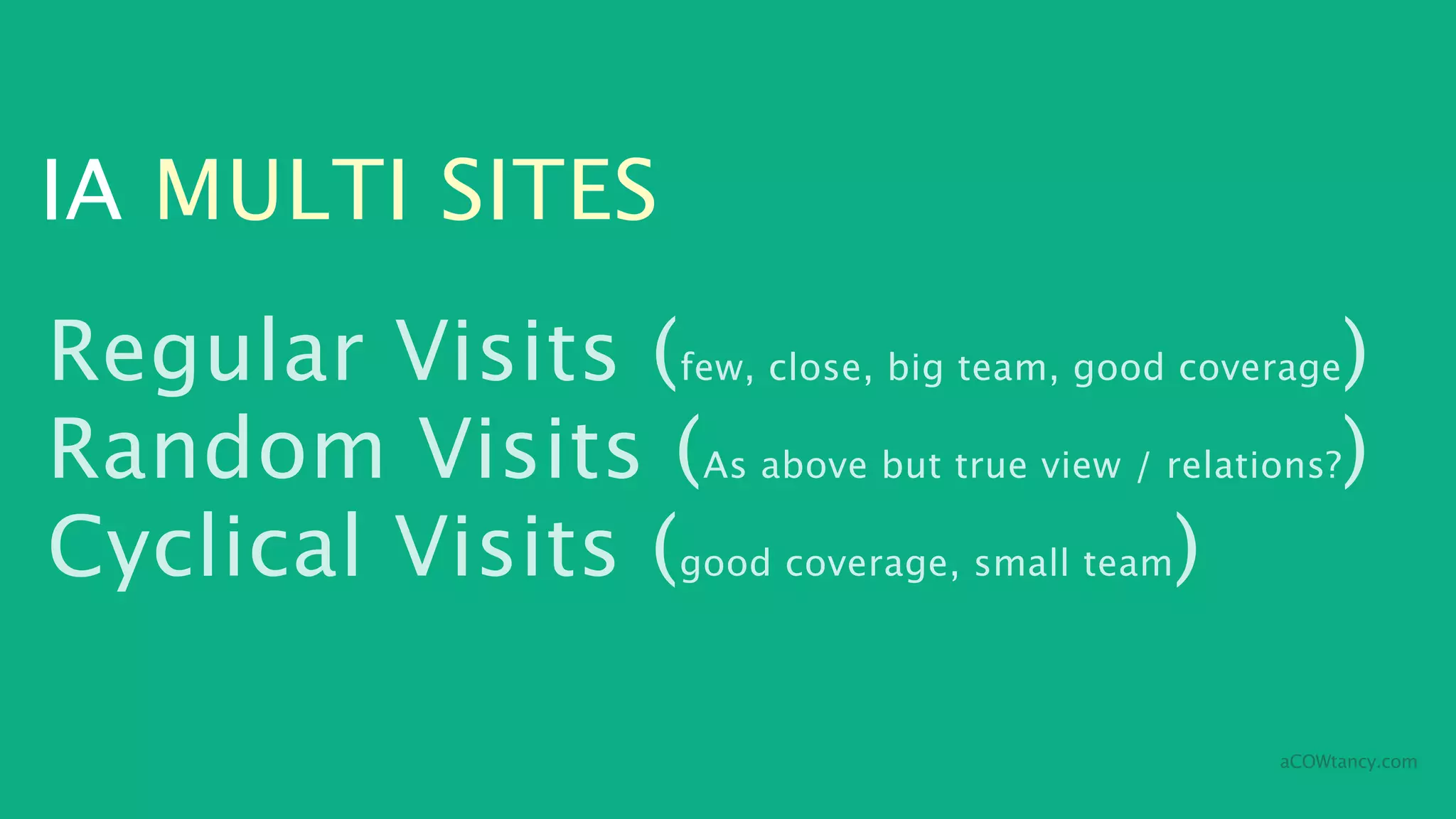 IA MULTI SITES
Regular Visits (few, close, big team, good coverage)
Random Visits (As above but true view / relations?)
Cyclical Visits (good coverage, small team)

                                                aCOWtancy.com
 