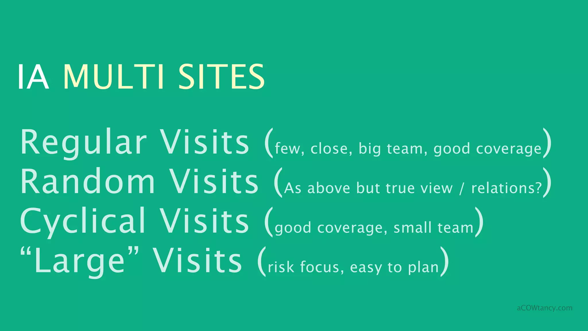 IA MULTI SITES
Regular Visits (few, close, big team, good coverage)
Random Visits (As above but true view / relations?)
Cyclical Visits (good coverage, small team)
“Large” Visits (risk focus, easy to plan)
                                                aCOWtancy.com
 