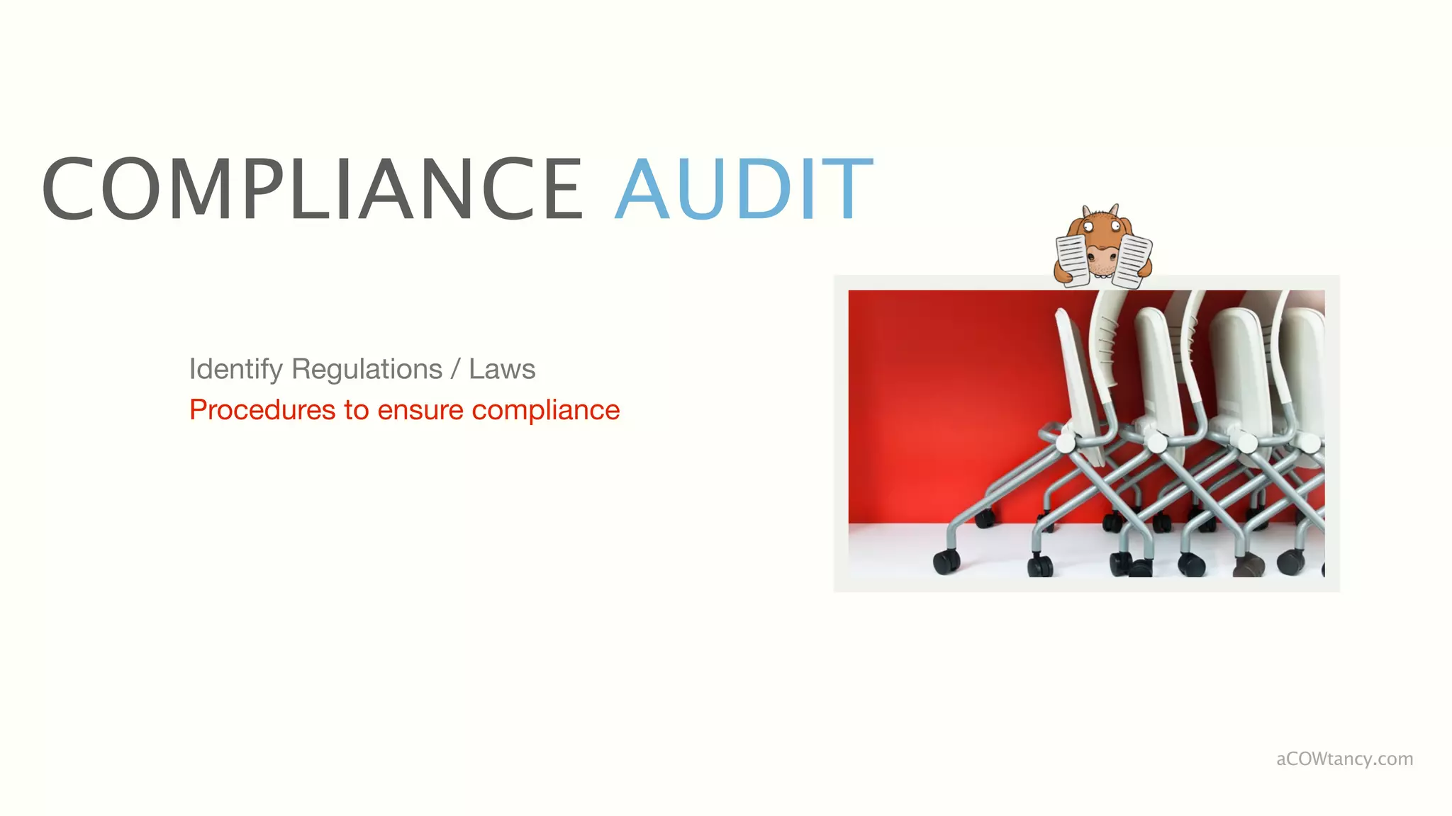 COMPLIANCE AUDIT
  Identify Regulations / Laws
  Procedures to ensure compliance




                                    aCOWtancy.com
 