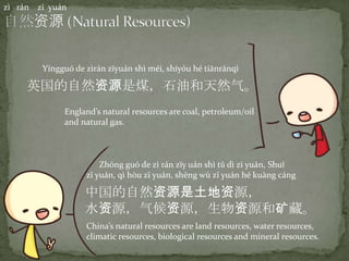 zì rán zī yuán
中国的自然资源是土地资源，
水资源，气候资源，生物资源和矿藏。
Zhōng guó de zì rán zīy uán shì tǔ dì zī yuán, Shuǐ
zī yuán, qì hòu zī yuán, shēng wù zī yuán hé kuàng cáng
China’s natural resources are land resources, water resources,
climatic resources, biological resources and mineral resources.
英国的自然资源是煤，石油和天然气。
Yīngguó de zìrán zīyu|n shì méi, shíyóu hé tiānr|nqì
England’s natural resources are coal, petroleum/oil
and natural gas.
 