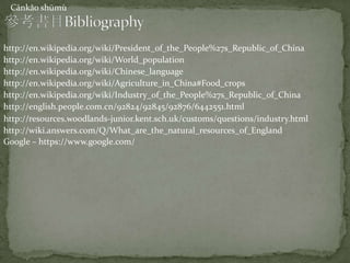 http://en.wikipedia.org/wiki/President_of_the_People%27s_Republic_of_China
Cānkǎo shūmù
http://en.wikipedia.org/wiki/World_population
http://en.wikipedia.org/wiki/Chinese_language
http://en.wikipedia.org/wiki/Agriculture_in_China#Food_crops
http://en.wikipedia.org/wiki/Industry_of_the_People%27s_Republic_of_China
http://english.people.com.cn/92824/92845/92876/6442551.html
http://resources.woodlands-junior.kent.sch.uk/customs/questions/industry.html
Google – https://www.google.com/
http://wiki.answers.com/Q/What_are_the_natural_resources_of_England
 