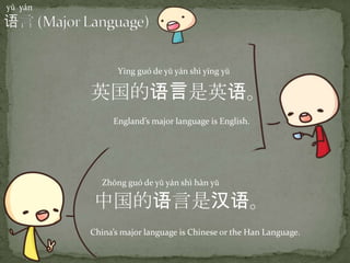 yǔ yán
中国的语言是汉语。
Zhōng guó de yǔ yán shì hàn yǔ
China’s major language is Chinese or the Han Language.
英国的语言是英语。
Yīng guó de yǔ yán shì yīng yǔ
England’s major language is English.
 
