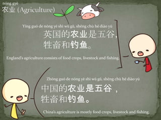 nóng gyè
中国的农业是五谷，
牲畜和钓鱼。
Zhōng guó de nóng yè shì wǔ gǔ, shēng chù hé diào yú
China’s agriculture is mostly food crops, livestock and fishing.
英国的农业是五谷，
牲畜和钓鱼。
Yīng guó de nóng yè shì wǔ gǔ, shēng chù hé diào yú
England’s agriculture consists of food crops, livestock and fishing.
 