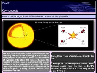 Look at the photograph and information and answer all the questions: Name three types of radiation emitted by the Sun ? Although all electromagnetic waves travel through space from the Sun to Earth’s surface, sound doesn’t. Explain why this is a good thing ? The sun fuses hydrogen atoms forming helium and releasing vast quantities of energy. Each second of every day our Sun converts about 700 million tons of hydrogen into about 695 tons of helium. The missing 5 million tons is converted into energy equivalent to the detonation of about 100 billion one-megaton bombs, two hundred million times the explosive yield of every nuclear weapon ever detonated on Earth.  Key concepts P7.22 b   Nuclear fusion inside the Sun 