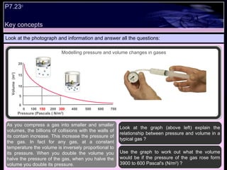 Key concepts P7.23 c   Look at the photograph and information and answer all the questions: As you compress a gas into smaller and smaller volumes, the billions of collisions with the walls of its contain increase. This increase the pressure of the gas. In fact for any gas, at a constant temperature the volume is inversely proportional to its pressure. When you double the volume you halve the pressure of the gas, when you halve the volume you double its pressure. Look at the graph (above left) explain the relationship between pressure and volume in a typical gas ?  Use the graph to work out what the volume would be if the pressure of the gas rose form 3900 to 600 Pascal's (N/m 2 ) ? Pressure (Pascals ( N/m 2 ) 20 15 10 5 0 0  100  150   200  300   400  500  600  700 Volume  (m 3 ) Modelling pressure and volume changes in gases 