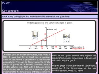 Key concepts P7.24 a   Look at the photograph and information and answer all the questions: Charles's Law, or the law of volumes, was found in 1787. It says that, for an ideal gas at constant pressure, the volume is proportional to the absolute temperature. This can be found using the kinetic theory of gases or a heated container with a variable volume (e.g. flask with a balloon). Using this equipment we find that the volume of a gas is proportional to the temperature of that gas in Kelvin Look at the graph (above left) explain the relationship between temperature in Kelvin and volume in a typical gas ?  Use the graph to work out what the volume (m 3 ) would be if the temperature of the gas decreased from 200 to 100 Kelvin Temperature K 25 20 15 10 0 0  100  200   273  373  400  473  573  673 Volume  (m 3 ) Modelling pressure and volume changes in gases - 273  -173  -73  0  100  200  300  400 Temperature  o C 