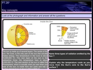 Key concepts P7.26 b   Look at the photograph and information and answer all the questions: Name three types of radiation emitted by the Sun ? The sun is made up of several layers. The centre of the sun, the Core, is the only part of the sun that actually makes energy. The temperature in the Core is about 15,000,000  o C. The next layer of the sun is the radioactive Zone, the temperature here is about 5,000,000  o C. The next section of the sun is called the Photosphere, which is actually what you see when you look at the sun, is made form two parts and has a surface temperature of about 5,500 to 6000  o C..  Explain why the temperature cools as you move from the Sun’s core to the Sun’s surface ? Inside the Sun 