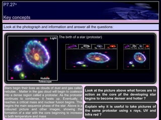Key concepts P7.27 a Look at the photograph and information and answer all the questions: Look at the picture above what forces are in action as the core pf the developing star begins to become denser and hotter ? Stars begin their lives as clouds of dust and gas called nebulae. . Matter in the gas cloud will begin to coalesce into a dense region called a protostar. As the protostar continues to condense, it heats up. Eventually, it reaches a critical mass and nuclear fusion begins. This begins the main sequence phase of the star. Above is a coloured picture and other images, showing the formation of a star with the core beginning to increase in both temperature and mass Explain why it is useful to take pictures of the same protostar using x rays, UV and Infra red ? Light Hubble Telescope The birth of a star (protostar) 