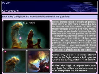 Key concepts P7.27 b   Look at the photograph and information and answer all the questions: Explain why the most common element found in the Eagle nebula is hydrogen gas which is the building material for all stars ? Explain why larger or brighter stars often only last a few million years when compared to an average star like our own sun ? Billions of stars, found in millions of galaxies, filling billions of light years of space, but how are galaxies and stars formed. In 1998, the Hubble telescope and one of its many images, finally gave us spectacular evidence that tells scientists how stars and galaxies are formed. The Eagle nebula (pictured below) is a cloud of hydrogen and dust millions of light years across. At the end of each finger like protrusion, the gravitational forces form a ball of hydrogen. Huge gravitational forces superheat the hydrogen so that nuclear fusion begins, light is produced and a star is born.   The Eagle nebula 