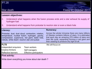 P7.28  Star death  Decide whether the following statements are true or false: Lesson objectives: Understand what happens when the fusion process ends and a star exhaust its supply of hydrogen fuel  Understand what happens from protostar to neutron star or even a black hole  We will focus on. Friday 21 October 2011 First activity: Write down everything you know about star death ? Numeracy: Across the whole Universe there are many billions of Glaxies contains billions of stars. It is estimated that each day an amazing 275 million of stars end their life cycle, expanding forming a red giant and then ceasing to produce any light at all.  PLTS Independent enquirers Creative thinkers Reflective learners We will focus on Team workers Effective participators Self managers Literacy: Protostar, dust, dust cloud, contraction, rotation, temperature, nuclear fusion, hydrogen, gravity, compression, supernova, red giant, balck hole, nebula, white dwarf, neutron star and pulsar. 