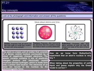 Look at the photograph and information and answer all the questions: How do we know form Rutherford’s experiment that an atom’s nucleus is very tiny ? When taking about the properties of solid liquid and gases explain why the Greek model is correct ?  The atom is a basic unit of matter that consists of a dense, central nucleus surrounded by a cloud of negatively charged electrons. The atomic nucleus contains a mix of positively charged protons and electrically neutral neutrons (except hydrogen, which is made form only a proton and neutron. The electrons of an atom are bound to the nucleus by the electromagnetic force. Key concepts P7.21 c   Greeks:  Proposes that all atoms are like solid balls so small they couldn’t  be seen with using eyesight Thomson:  Proposes  after discovering the electrons that the positive charge and mass of atom is evenly distributed Rutherford:  Proposes after firing alpha particles at gold foil that the charge and mass of the atom is found in centre. Ideas about atoms over time 