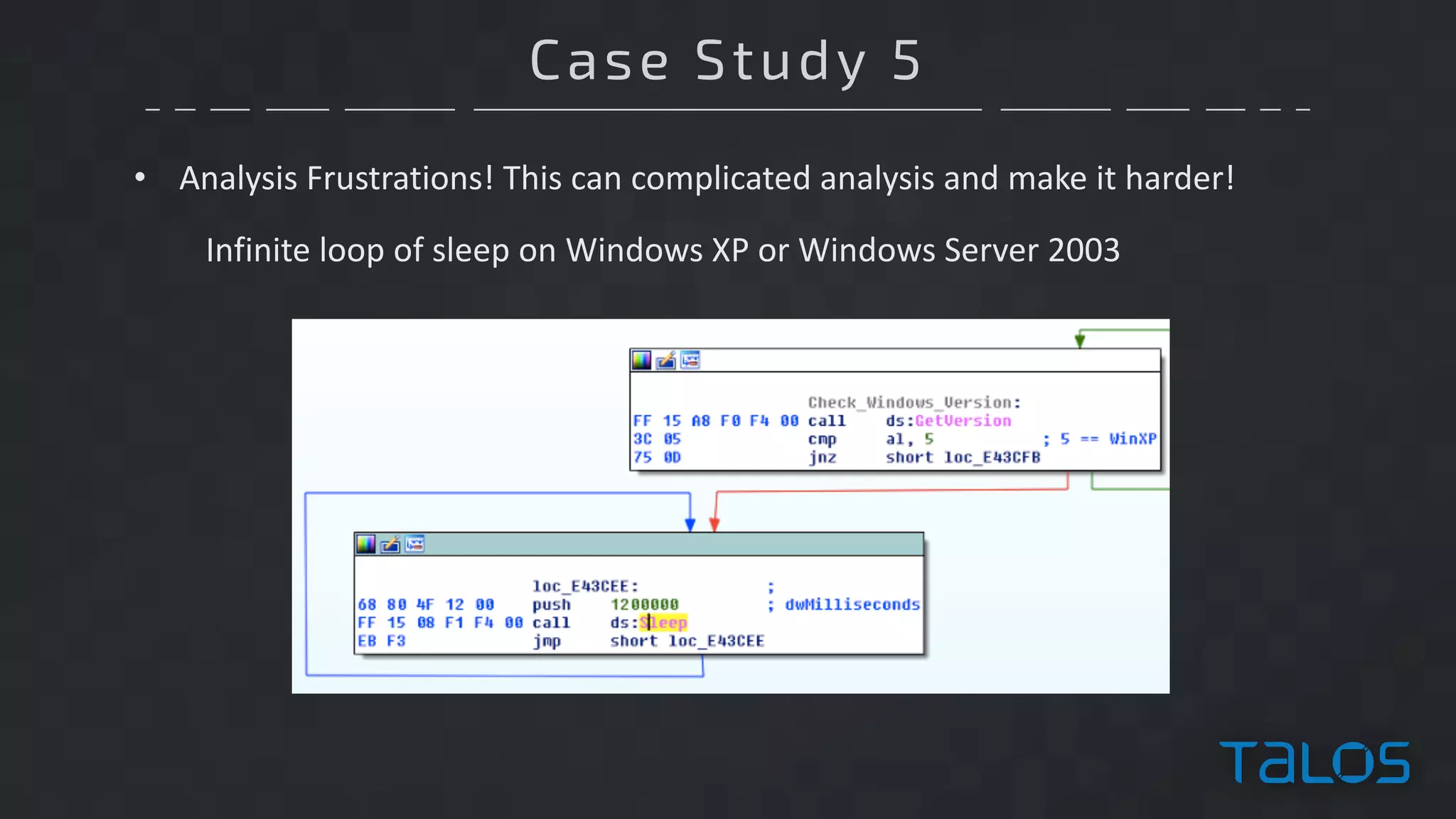 Case Study 5
• Analysis	Frustrations!	This	can	complicated	analysis	and	make	it	harder!
Infinite	loop	of	sleep	on	Windows	XP	or	Windows	Server	2003
 