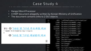 Case Study 4
• Hangul Word Processor
• A HWP document allegedly written by Korean Ministry of Unification
• The document contains links to 2 OLE objects
 
