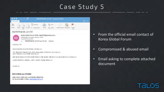 Case Study 5
• From	the	official	email	contact	of	
Korea	Global	Forum
• Compromised	&	abused	email
• Email	asking	to	complete	attached	
document
 