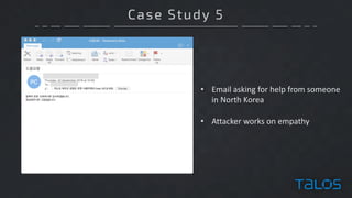 Case Study 5
• Email	asking	for	help	from	someone	
in	North	Korea
• Attacker	works	on	empathy
 