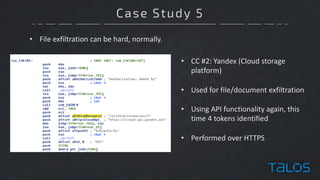 Case Study 5
• File	exfiltration	can	be	hard,	normally.	
• CC	#2:	Yandex (Cloud	storage	
platform)
• Used	for	file/document	exfiltration
• Using	API	functionality	again,	this	
time	4	tokens	identified
• Performed	over	HTTPS
 
