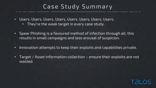 Case Study Summary
• Users. Users. Users. Users. Users. Users. Users. Users.
• They’re the weak target in every case study.
• Spear Phishing is a favoured method of infection through all, this
results in small campaigns and less arousal of suspicion.
• Innovation attempts to keep their exploits and capabilities private.
• Target / Asset information collection – ensure their exploits are not
wasted.
 