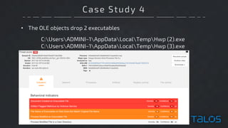 Case Study 4
• The OLE objects drop 2 executables
C:UsersADMINI~1AppDataLocalTempHwp (2).exe
C:UsersADMINI~1AppDataLocalTe...