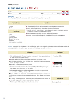 34
PLANOS DE AULA N.OS
31 e 32
Escola: ______________________________________________________________________________________________________________________________________________________________________
Turma: _________________________ N.O
: ________________________ Data: _____________/_____________/_____________ Tempo:
Sumário: Atividade de pré-leitura a partir das ilustrações de Daniel Lima do «Conto do rato e da doninha». Realização do guião de
antecipação da leitura. Escrita de um enigma a partir da atividade e apresentação oral à turma.
Competências Descritores
Leitura
Escrita
•Explorar diferentes formas de comunicar e partilhar ideias e produções pessoais.
•Utilizar informação pertinente, mobilizando conhecimentos pessoais.
•Expressar, de forma fundamentada e sustentada, pontos de vista e apreciações críticas
suscitadas pelos textos lidos em diferentes suportes.
•Identificar processos utilizados nos textos para influenciar o leitor.
•Distinguir diferenças, semelhanças ou a novidade de um texto em relação a outro.
Conteúdos
Leitor
Personagens
Tipologia textual
Contexto extraverbal
Paratexto
Intertexto/Intertextualidade
Atividades Recursos
•Aula digital: projeção da «Atividade a partir de imagens, n.o
2» (ilustrações do texto das
pp. 66 e 67 «Conto do rato e da doninha.»)
•Atividade de antecipação da leitura através das imagens que ilustram o texto:
1. Apresentação do título do texto «Conto do rato e da doninha», chamando a atenção
para as personagens referidas.
2. Análise das duas imagens que ilustram o conto:
Que personagens estão representadas na imagem 1? O que fazem? As personagens
estão paradas ou em movimento? Por que razões?
Quem será a personagem que ocupa toda a imagem 2? De quem é o rosto que está
representado no garfo? O que simbolizará?
3. Depois da leitura das imagens, os alunos poderão antecipar o que vai acontecer no
conto, listando cinco acontecimentos que poderiam fazer parte da ação do conto ilus-
trado.
4. Os alunos, divididos em grupos, preparam um parágrafo, em forma de enigma, de
apresentação do que poderia ser uma pequena sinopse do conto.
•Apresentação oral dos parágrafos construídos pelos alunos.
− Manual, pp. 66-67.
Avaliação
Observação direta.
Percurso 6
Textos/Tipologia: Fábula: «Conto do rato e da doninha», atividades a partir de imagens, n.o
2.
Atividades a partir
de imagens, n.o
2
Unidade: Narrativa 1
 